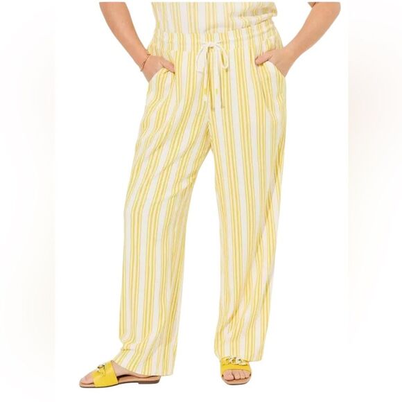 Torrid Linen Pants Pull On Wide Leg Stretch High Rise Women Size 2X Yellow White - Picture 1 of 13